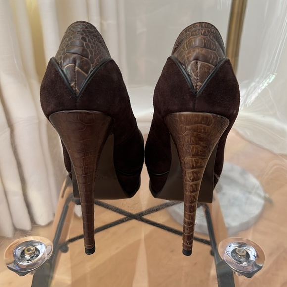 Saint Laurent Chocolate Brown & Ostrich Tribtoo Platform Pumps Size 36 / 6 - Picture 3 of 7